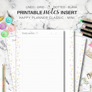 Happy Planner Notes Insert, HP Classic Printable Lined Note Pages, Mini HP Grid Paper, Discbound Dot Paper Refill, Blank Note Taking Sheets