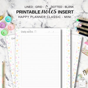 Happy Planner Notes Insert, HP Classic Printable Lined Note Pages, Mini HP Grid Paper, Discbound Dot Paper Refill, Blank Note Taking Sheets