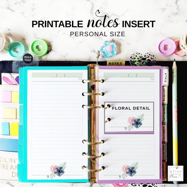 Personal Note Insert, Printable Filofax Lined Notebook Paper, Personal Size Notes Pages, Floral Note Taking Sheets, Ruled Journal Notes