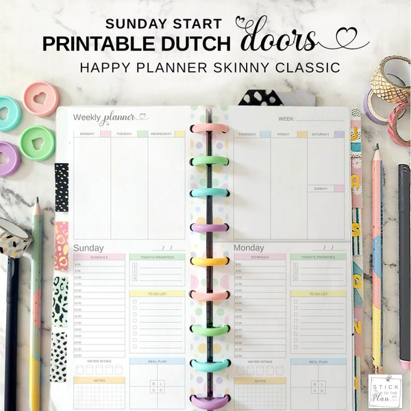 Printable Dutch Doors Happy Planner Skinny Classic Insert, Sunday Start Pastel HP Half Sheet Undated Weekly Spread and Daily Pages Refill
