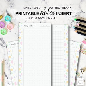 Mezza pagina di note HP, Skinny Classic Happy Planner, pagine di note a righe, carta per appunti con griglia grafica stampabile, ricarica di pagina di note di diario punteggiato