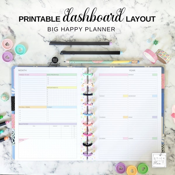 Printable Dashboard Layout Big Happy Planner Insert, Letter Size Undated Weekly Refill, Rainbow Pastel Week at a Glance on two Pages