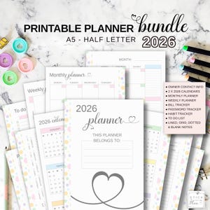 A5 Planner Inserts, Half Letter Printable Cover, 2026 Year Monthly Weekly Calendar, Bill Password Habit Tracker, Notes To Do List Pages
