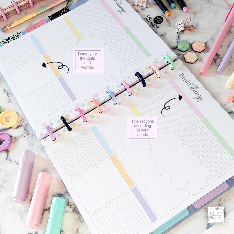 May include: A disc-bound planner insert featuring a Brain Dump layout with pastel-colored grid, dot, and lined sections. The page includes cloud-shaped boxes with the text Dump your thoughts and worries and Title sections according to your needs.