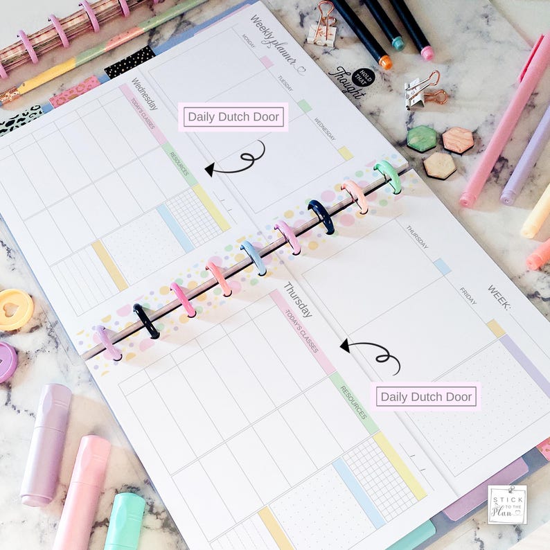 May include: A weekly planner with a colorful design, featuring a "Daily Dutch Door" section. The planner is open, revealing lined pages for scheduling. Various pens, highlighters, and decorative items surround the planner, creating a vibrant and organized workspace.