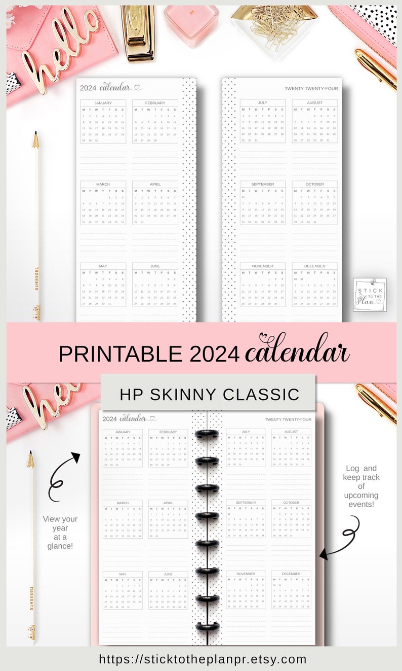 Yearly Calendar 2024 Printable Happy Planner Skinny Classic Insert