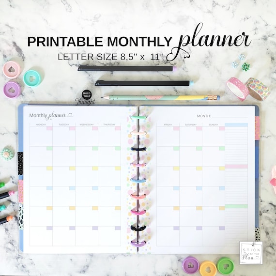 Monthly Insert fit Big Happy Planner, Month on Two Pages Printable Letter Size, Undated Pastel Month at a Glance Calendar