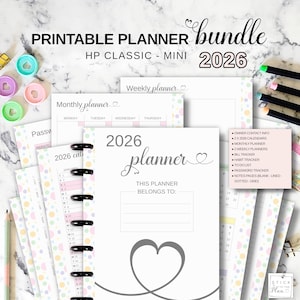 Classic Happy Planner Bundle, HP Mini Printable Inserts, Monthly Weekly, 2026 Calendar, Bill Habit Password Tracker, To Do List Notes