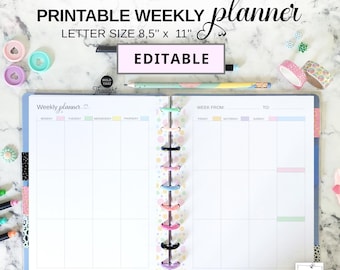 Weekly Planner Editable Vertical Layout fit Big Happy Planner, Letter Size Fillable & Printable Week on Two Pages, Undated Month at a Glance