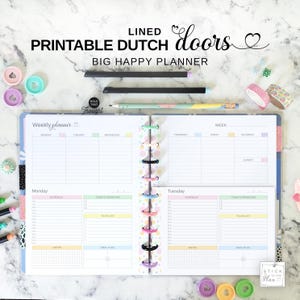 Inserto imprimible de planificador Happy Big de Dutch Doors, planificador semanal vertical con letras sin fecha y páginas de vista semanal y diaria.