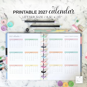 Disc Planner 2027 Jahreskalender-Einlage passend für Big Happy Planner, druckbare Jahresübersicht im Letter-Format, zwei Seiten, farbenfrohe Zukunftslog-Seiten