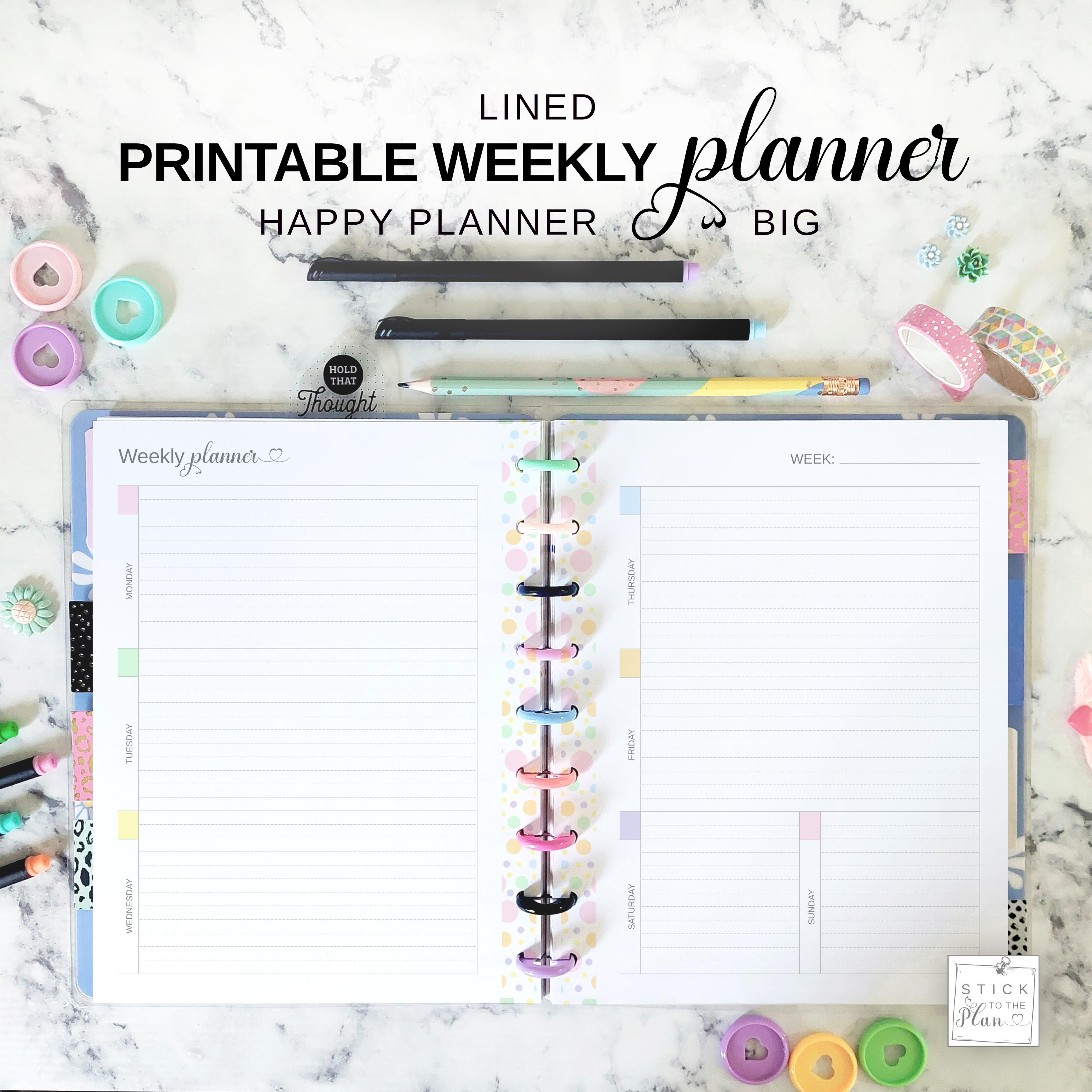 Lined Big Happy Planner Horizontal Weekly Insert, Letter Size Printable Week on 2 Pages, Pastel Colors Undated Week at a Glance Calendar PDF