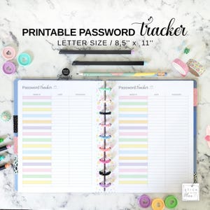 Organizador de contraseñas compatible con Big Happy Planner, tamaño carta, colores pastel, imprimible, para guardar contraseñas, 11 discos, registro de sitios web y nombres de usuario.