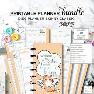 Planer-Starterpaket 2027: Scheibeneinlagen passend für Happy Planner Skinny Classic, Wochen- und Monatsplaner (halbes Blatt), druckbare Seiten mit Katzenmotiv