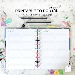 Planificador Big Happy con lista de tareas imprimible, lista de tareas tamaño carta, página de lista de tareas con encuadernación en disco, recambio minimalista para planificador de tareas