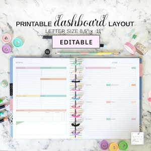 以下が含まれることがあります： 「PRINTABLE dashboard LAYOUT LETTER SIZE 8,5" x 11" EDITABLE」のテキストが入った、印刷可能なダッシュボードレイアウト。プランナーには、To-Doリスト、予定、週間のカレンダーのセクションがあります。プランナーは開いており、カラフルなタブとスパイラルバインディングが表示されています。
