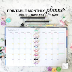 Planificador mensual "Sunday Start Big Happy", calendario mensual imprimible de dos páginas, tamaño carta, sin fecha, con vista general del mes en colores pastel (PDF)