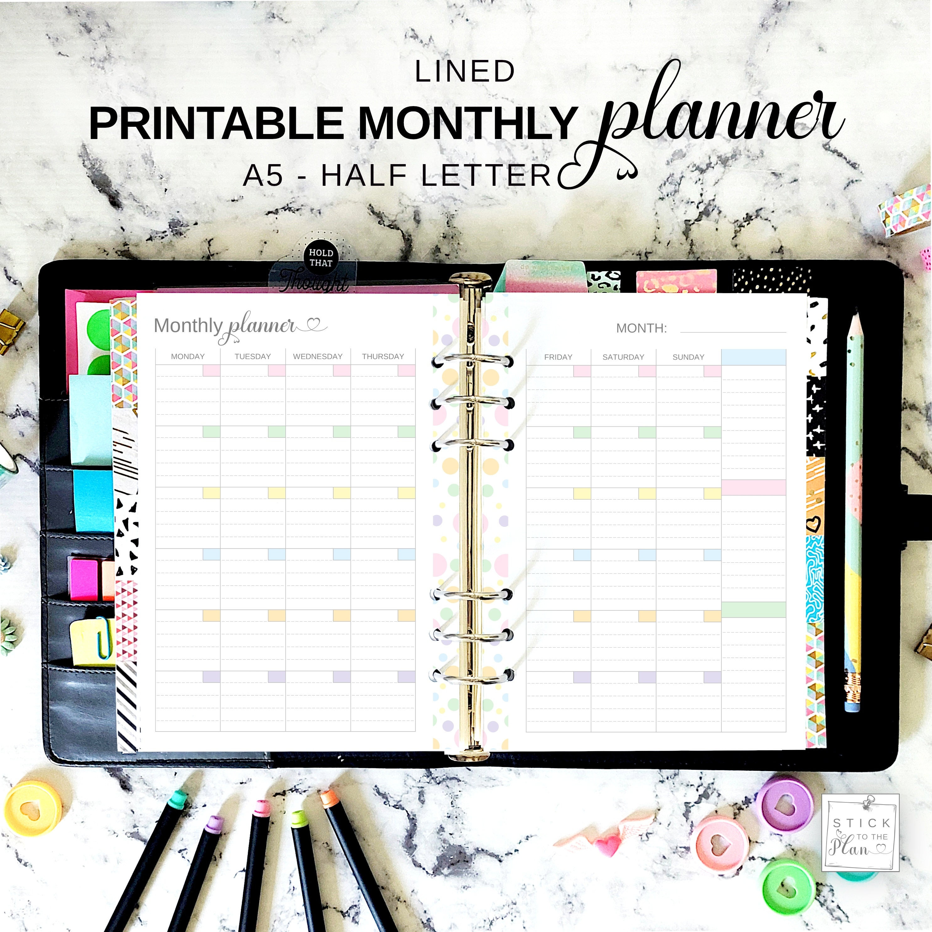 Lined Monthly Planner Printable A5 Insert, Half Letter Monthly Calendar ...