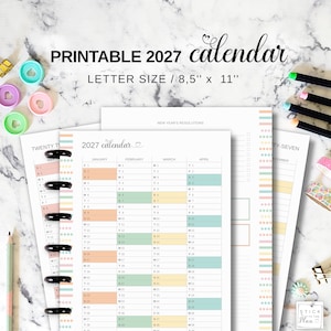 Jahreskalender 2027, 11-Scheiben-Planer-Einlage, passend für Big Happy Planner, DIN-A4-Format, druckbare Jahresübersicht, farbenfrohes Zukunftslogbuch
