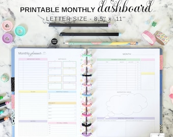Monatliches Dashboard druckbare 11 Disc Planer Einlage Fit Big Happy Planner, Letter Größe undatierter Monat auf 2 Seiten, Discgebundener Monat auf einen Blick