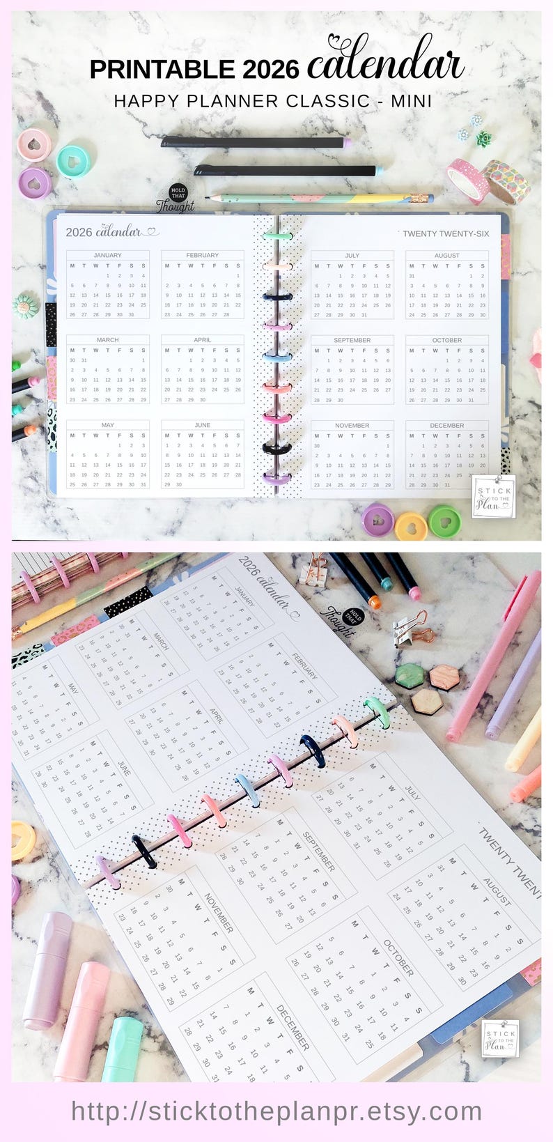 May include: A 2026 printable calendar for a Happy Planner Classic Mini, featuring a grid layout for all twelve months. The pages are bound with colorful plastic discs and include the text 2026 calendar, TWENTY TWENTY-SIX, and STICK TO THE PLAN.