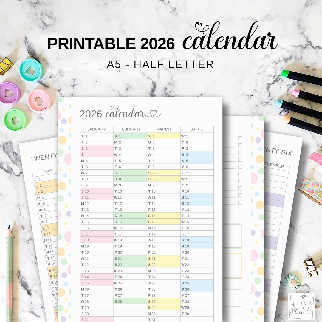 Year at a Glance Calendar 2026, A5 Yearly Planner Insert, Printable ...