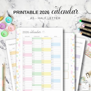 Coup d'oeil sur l'année, calendrier 2026, agenda annuel A5, bûche du futur imprimable dans une demi-lettre, recharge pour reliure à anneaux pastel, inserts pour agenda A5