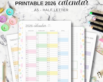 Year at a Glance Calendar 2026, A5 Yearly Planner Insert, Printable Half Letter Future Log, Pastel Ring Binder Refill, A5 Planner Inserts