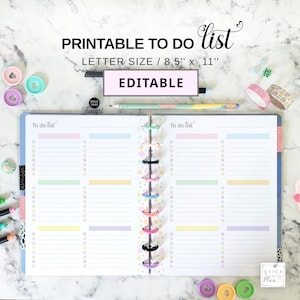 May include: A printable to-do list notebook with the text "PRINTABLE TO DO LIST" and "EDITABLE". The notebook is open, revealing lined pages with pastel-colored horizontal bars. The notebook is letter size, 8.5" x 11".