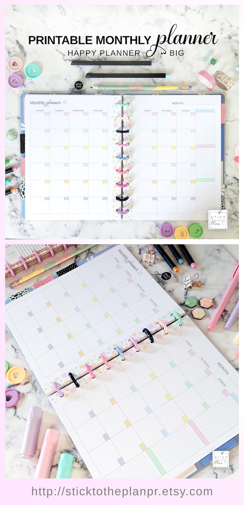 Puede incluir: Un planificador mensual imprimible con un dise&ntilde;o colorido. El planificador est&aacute; abierto, mostrando p&aacute;ginas de calendario mensuales con casillas de colores pastel. La portada presenta el texto "PRINTABLE MONTHLY planner BIG HAPPY PLANNER".