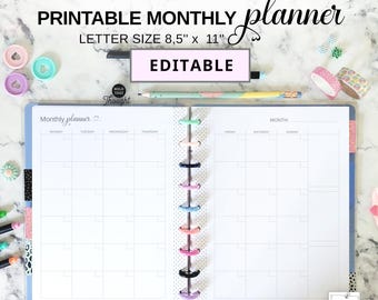 Monthly Planner Insert Fillable fit Big Happy Planner, Letter Size Editable Month at a Glance on 2 Pages, Printable Undated Monthly Calendar