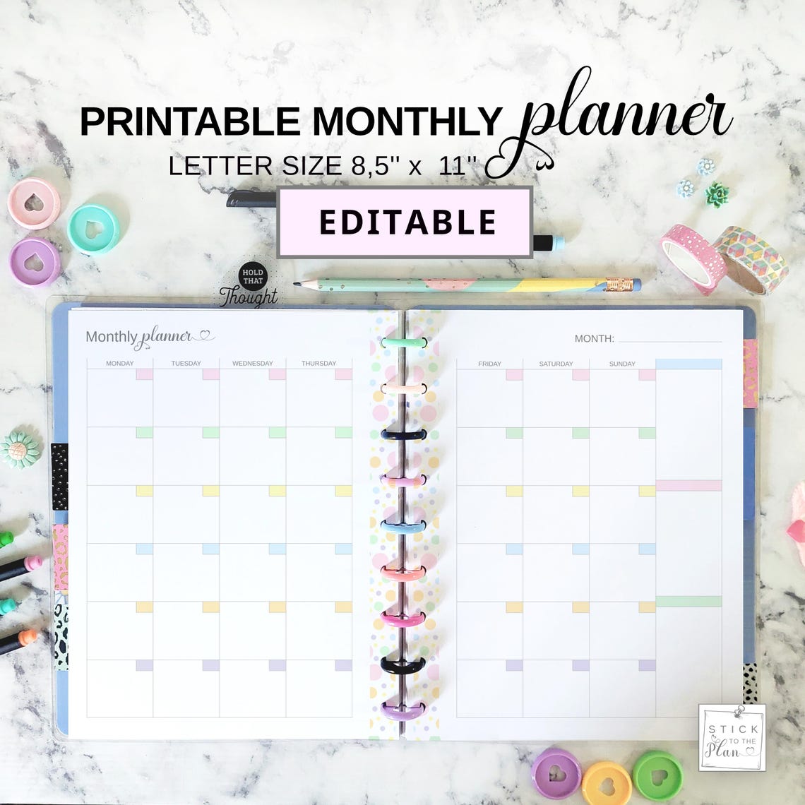 Monthly Planner Editable Fit Big Happy Planner, Letter Size Fillable