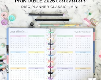 2026 Printable Yearly Calendar Fit Happy Planner Classic and Mini, Disc Planner Year at a Glance, Rainbow Pastel Full Year on Two Pages