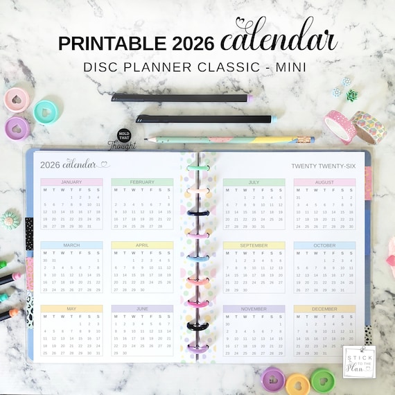 2026 Printable Yearly Calendar Fit Happy Planner Classic and Mini, Disc Planner Year at a Glance, Rainbow Pastel Full Year on Two Pages