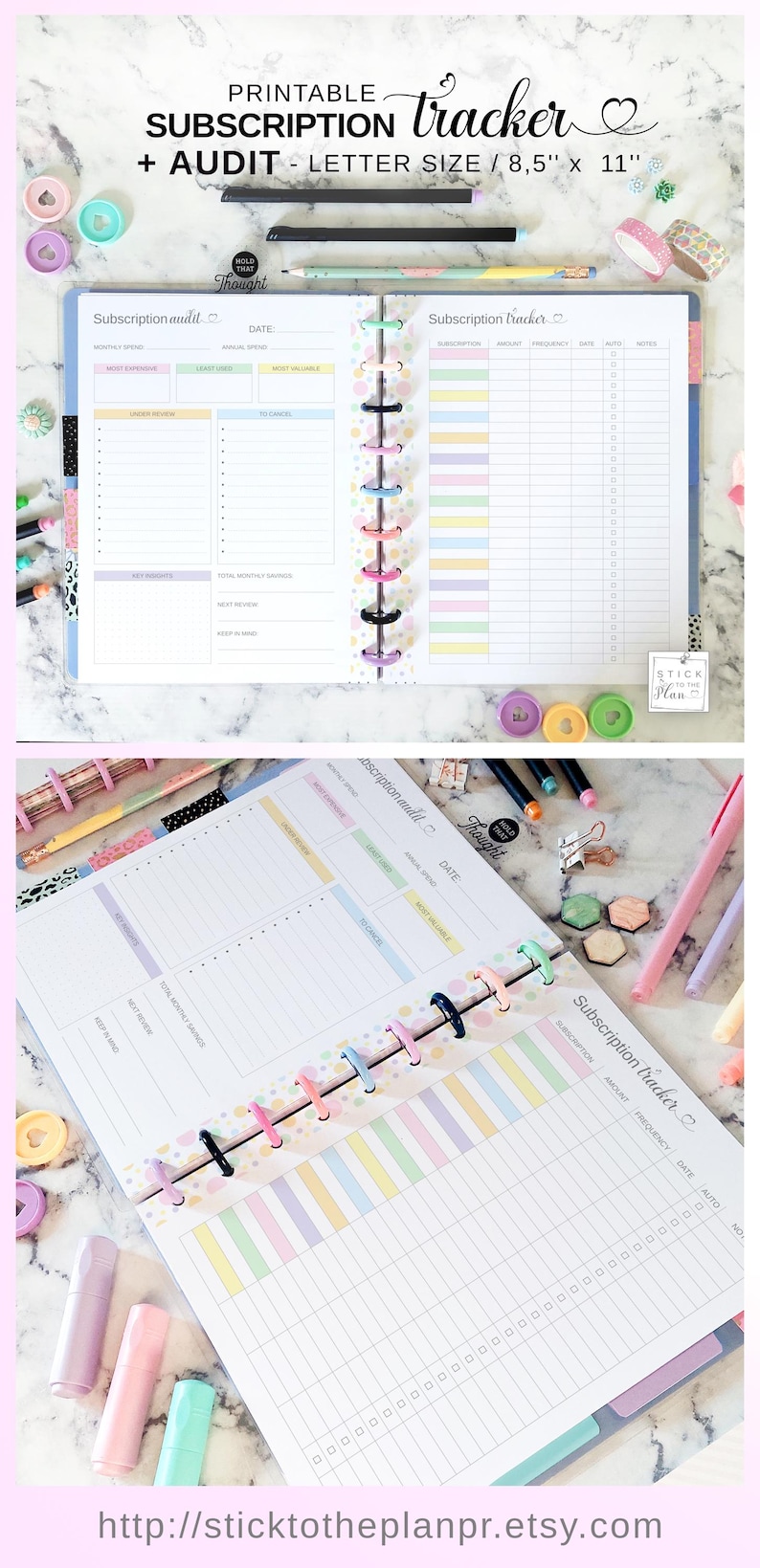 K&ouml;nnte beinhalten: Ein druckbarer Abonnement-Tracker und Audit-Planer mit farbenfrohem Design. Der Planer hat das Format Letter, 21,6 x 27,9 cm, und enth&auml;lt Abschnitte zur Verfolgung von Abonnements, Ausgaben und Daten. Enth&auml;lt eine Vielzahl von Pastellfarben und eine Spiralbindung.