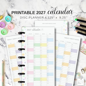 Jahresübersicht 2027, druckbarer, schmaler, klassischer Happy Planner, Disc Planner, halbes Blatt Future Log, Regenbogen-Pastell-Jahresplaner