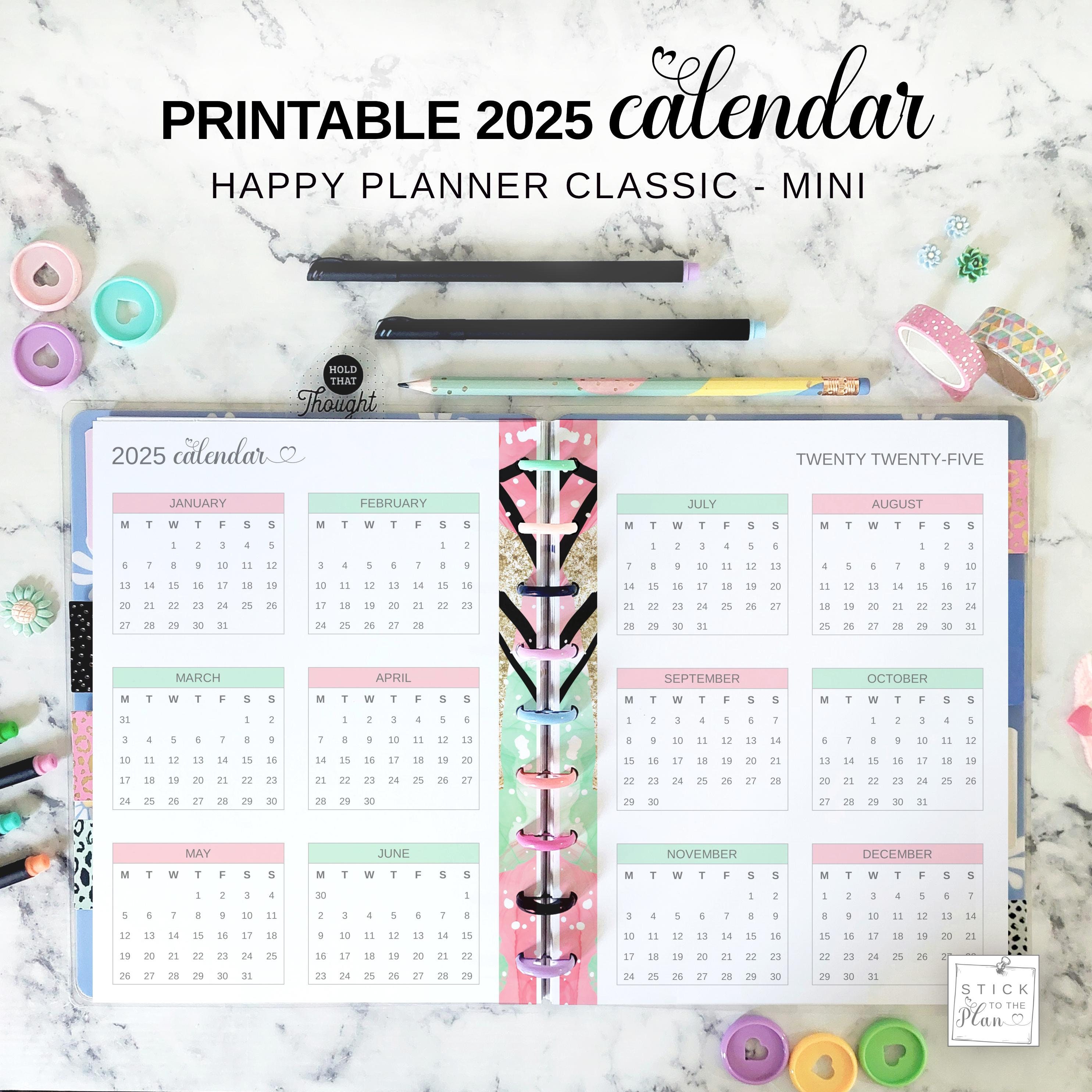 Yearly Calendar 2025 Printable Happy Planner Classic Insert, HP Mini