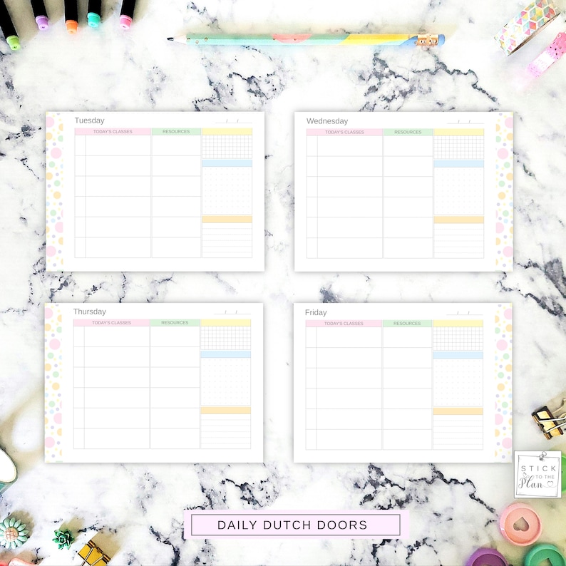 May include: Four white planner pages with pastel color accents for Tuesday, Wednesday, Thursday, and Friday. Each page has a grid layout for scheduling. The phrase "Daily Dutch Doors" is at the bottom.
