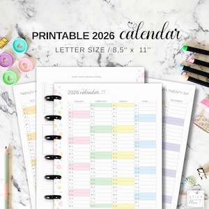 Yearly Calendar 2026 11 Disc Planner Insert Fit Big Happy Planner, Printable Letter Size 2026 Year at a Glance, Future Log Discbound Pages