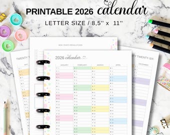 Yearly Calendar 2026 11 Disc Planner Insert Fit Big Happy Planner, Printable Letter Size 2026 Year at a Glance, Future Log Discbound Pages