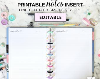 Editable Notes Insert Fit Big Happy Planner, Lined Note Pages Fillable & Printable, Letter Size