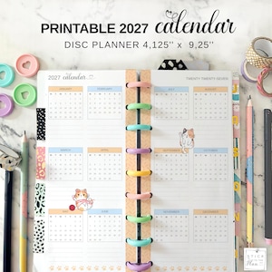 Jahreskalender 2027, druckbare Planer-Einlage, passend für Happy Planner Skinny Classic, halbe Blätter, Katzenmotiv, Jahresübersicht