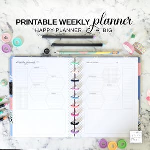 Planificador semanal Big Happy Planner con hexágonos rayados, calendario semanal imprimible de 2 páginas, sin fecha, tamaño carta, con tapa dura y vista semanal (repuesto)