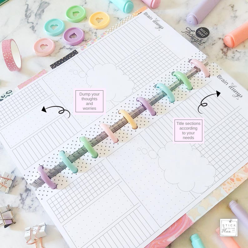 May include: A planner with a dotted grid design, featuring colorful disc-bound rings and the text "Brain dump." The planner includes sections for notes and the text "Dump your thoughts and worries" and "Title sections according to your needs."