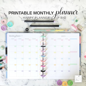 Planificador mensual Big Happy Planner, imprimible en tamaño carta, mes en dos páginas, calendario pastel sin fecha, diario encuadernado en PDF