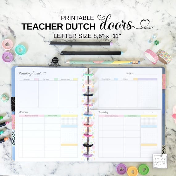 Dutch Doors Planner For Teachers Fit Big Happy Planner, Printable Letter Size Vertical 5 Day Weekly Planner with Daily Class Schedule Pages