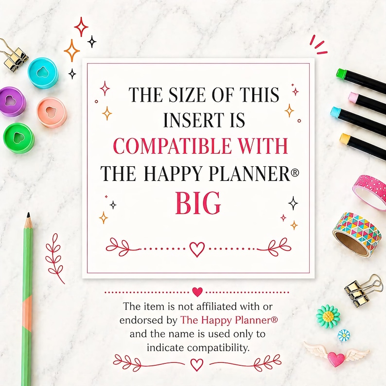Puede incluir: Un inserto rectangular blanco que indica compatibilidad con The Happy Planner&reg; BIG. La imagen incluye accesorios de planificaci&oacute;n coloridos como bol&iacute;grafos, cinta washi y anillas. El inserto tiene elementos decorativos y una exenci&oacute;n de responsabilidad.