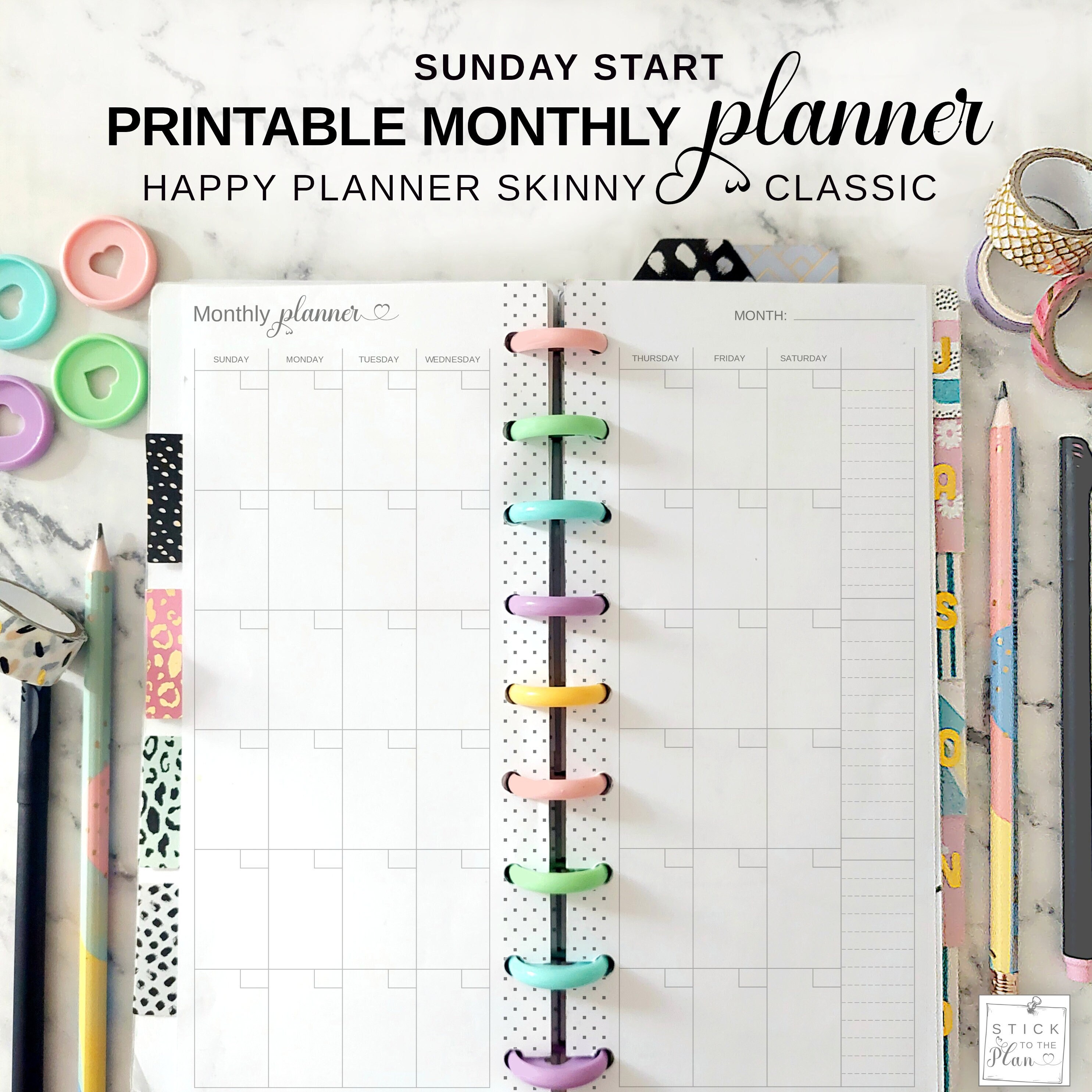 Sunday Start Monthly Calendar Happy Planner Skinny Classic Insert ...