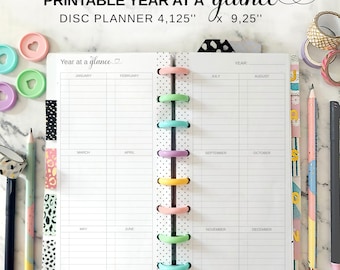 Afdrukbaar jaar in één oogopslag Niet-gedateerd insteekvel Fit Happy planner Skinny Classic, schijfplanner half vel 2-pagina jaarkalender, belangrijke datums