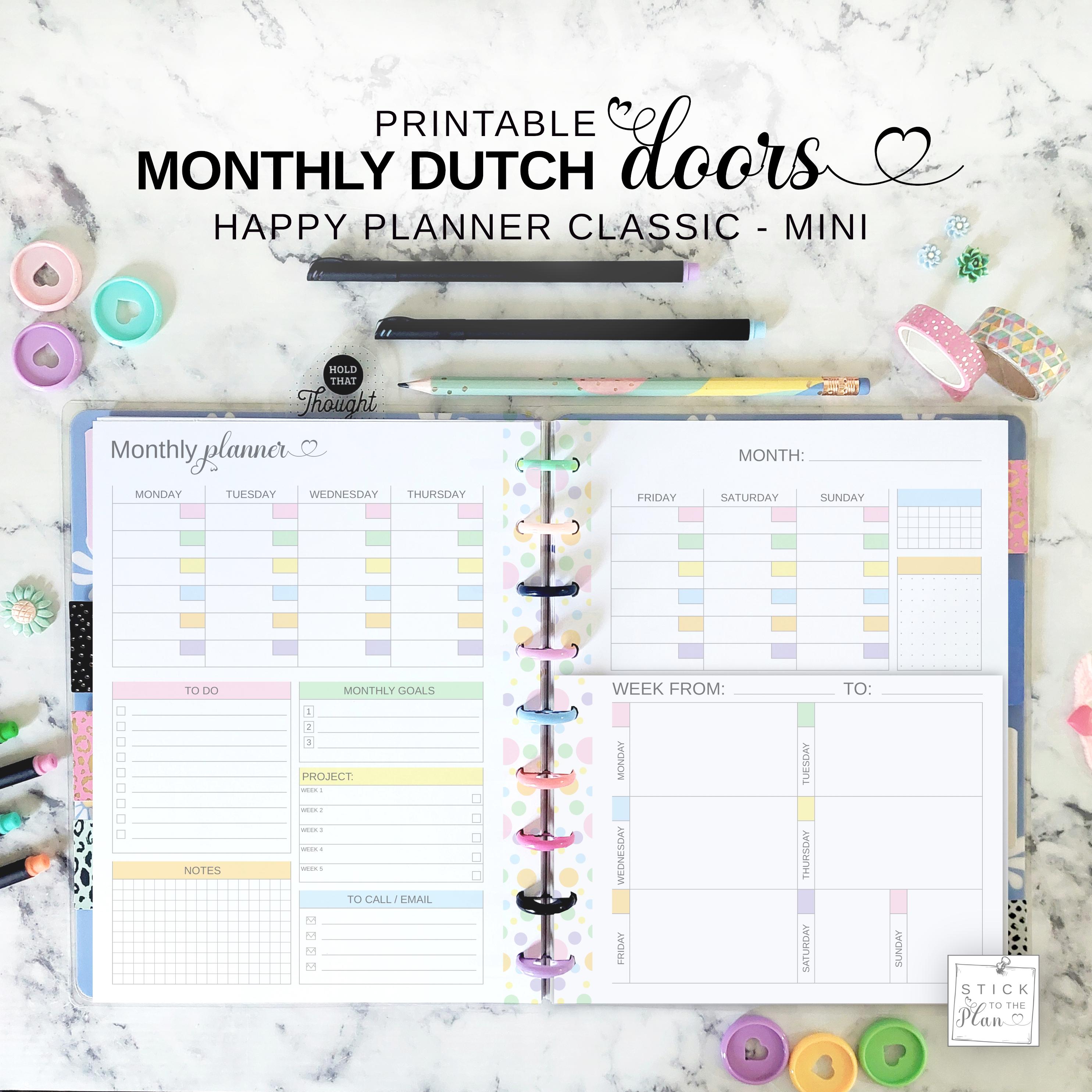 Monthly Dutch Doors Classic Happy Planner Insert, Printable Mini HP Month at a Glance and Weekly Planner Pages, Pastel Undated Monthly View